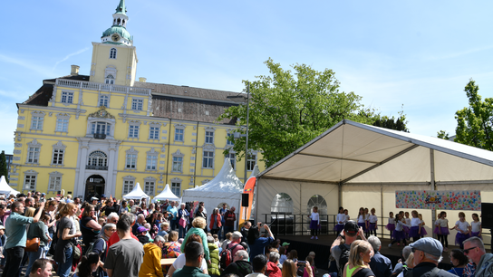 Auf dem Oldenburger Schlossplatz gucken viele Personen Kindern auf einer Bühne beim Tanzen zu.