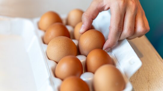 Eine Eierpackung mit 10 brauen Eiern aus der in der Mitte ein Ei heraus genommen wird,