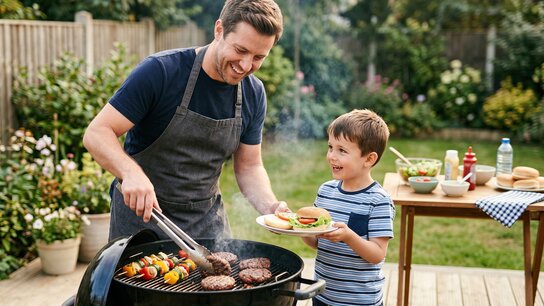 In einem Garten steht an Vater am Grill und grillt Burger. Neben ihn steht sein Sohn mit einem Teller, wo der Vater etwas vom Grill drauf tut. Im Hintergrund ist ein gedeckter Tisch zu sehen.