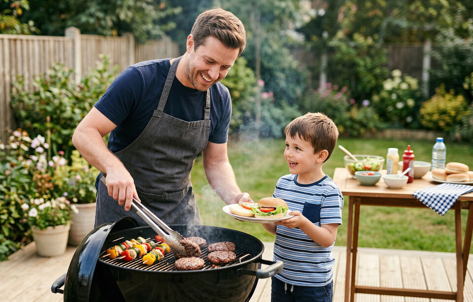 In einem Garten steht an Vater am Grill und grillt Burger. Neben ihn steht sein Sohn mit einem Teller, wo der Vater etwas vom Grill drauf tut. Im Hintergrund ist ein gedeckter Tisch zu sehen.