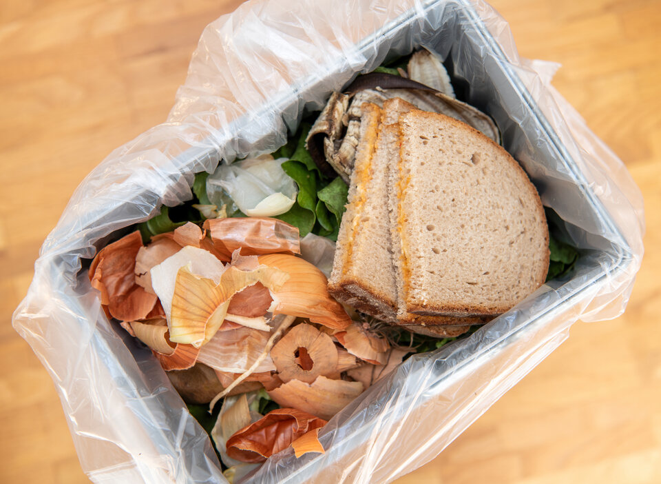 Abfallbehälter mit verschimmeltem Brot, Gemüseabfällen und Zwiebelhäuten, eingewickelt in eine durchsichtige Plastiktüte.