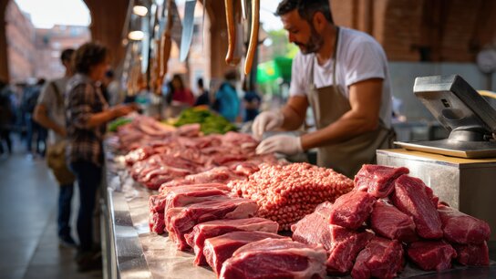 Ein Markthändler mit Handschuhen sortiert frisches Fleisch in einer Markthalle, während Kunden im Hintergrund stöbern.