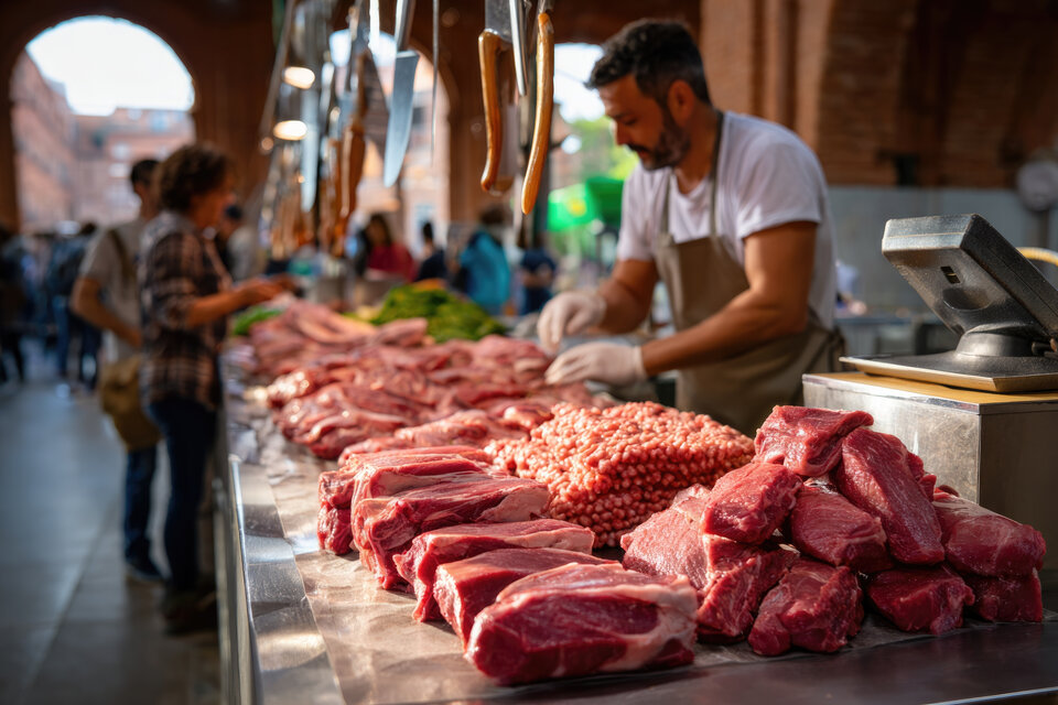 Ein Markthändler mit Handschuhen sortiert frisches Fleisch in einer Markthalle, während Kunden im Hintergrund stöbern.