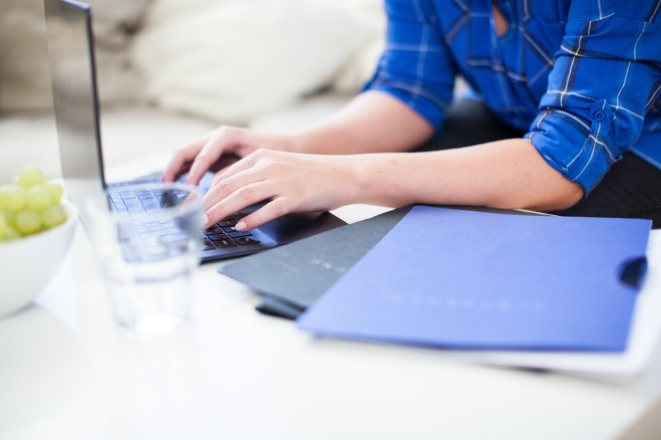Eine Person arbeitet am Laptop, daneben liegen Ordner und ein Wasserglas auf einem Tisch, sowie eine Schale mit Trauben.