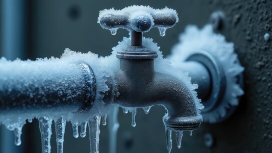 Frostbedeckter Wasserhahn an einer eisigen Rohrleitung, Tropfen hängen herab. Kühle blaue Farbtöne dominieren die Szene.
