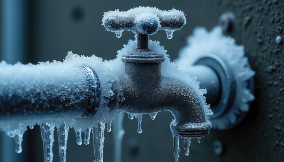 Frostbedeckter Wasserhahn an einer eisigen Rohrleitung, Tropfen hängen herab. Kühle blaue Farbtöne dominieren die Szene.