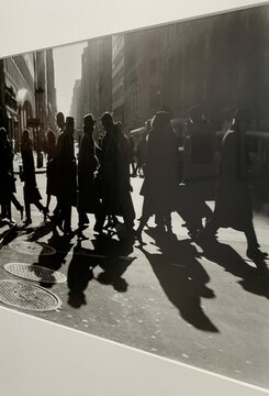 Silhouetten von Menschen in mäntelnden Kleidern überqueren eine belebte Straße, Schatten fallen lang auf den Boden.