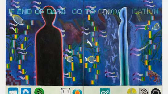 Silhouette einer Person vor bunten, schematischen Mustern und digitalen Symbolen, mit dem Text "IF END OF DATA GO TO COMMUNICATION".