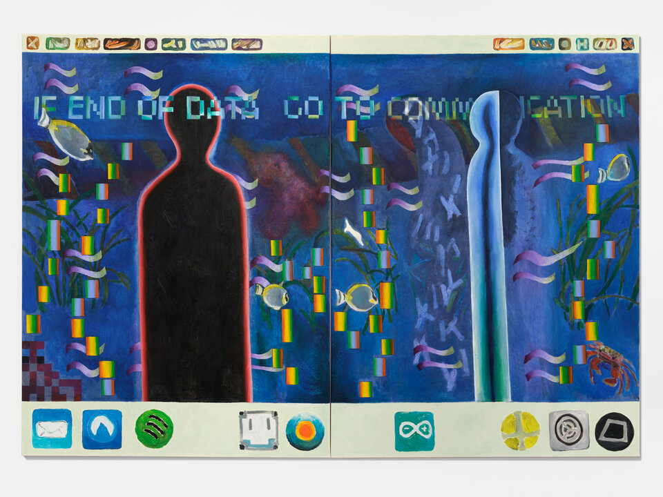 Silhouette einer Person vor bunten, schematischen Mustern und digitalen Symbolen, mit dem Text "IF END OF DATA GO TO COMMUNICATION".