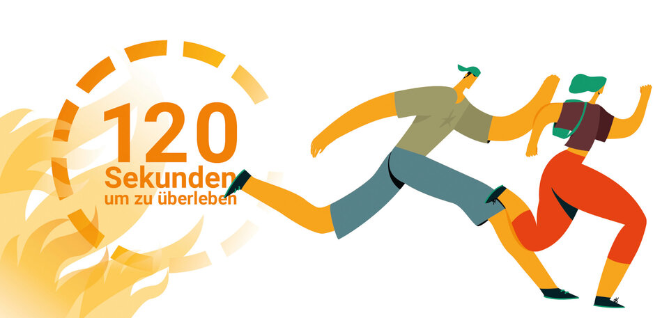 Zwei gezeichnete Figuren rennen vor einem gezeichneten Feuer weg. Auf dem Feuer ist ein Kreis in dem steht "120 Sekunden um zu überleben".
