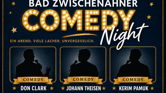 KI-generiertes Bild: Drei Silhouetten von Comedians auf einer Bühne, umgeben von einer beleuchteten Schriftzug "COMEDY Night".