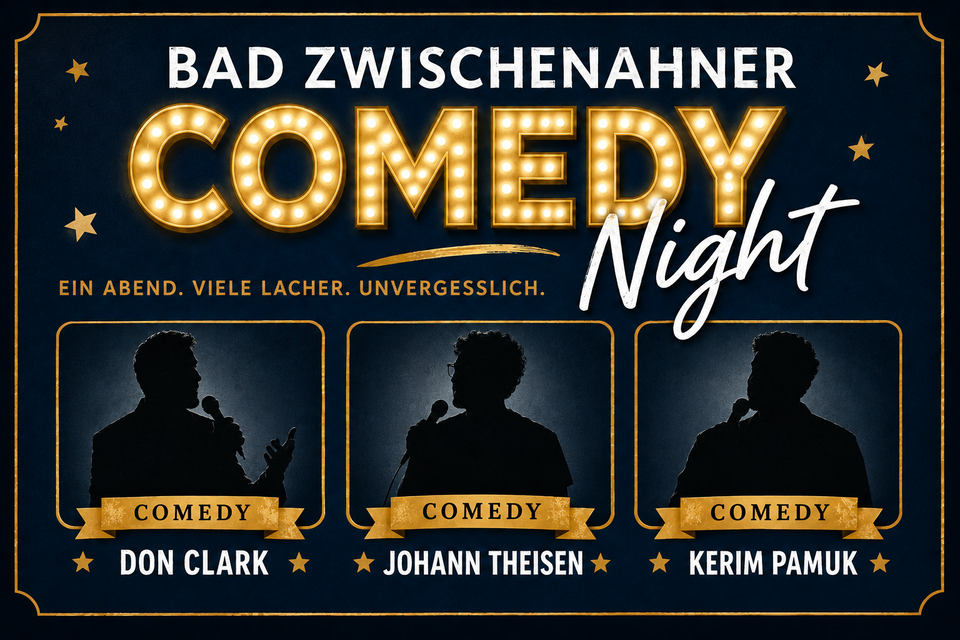 KI-generiertes Bild: Drei Silhouetten von Comedians auf einer Bühne, umgeben von einer beleuchteten Schriftzug "COMEDY Night".