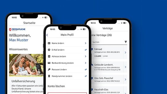 Drei Smartphones zeigen eine App-Oberfläche mit Profilinformationen und Vertragsdetails in einer blauen Umgebung.