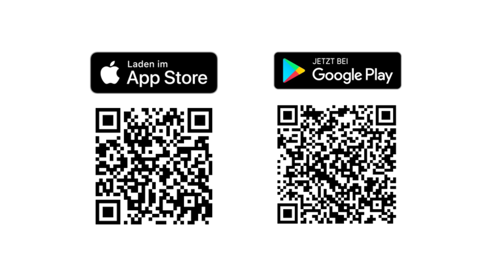 QR-Codes für App-Downloads: links für den App Store, rechts für Google Play.