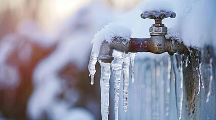 Eingefrorener Wasserhahn mit langen Eiszapfen, umgeben von schneebedeckter Landschaft.