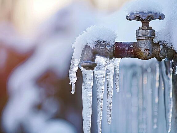 Eingefrorener Wasserhahn mit langen Eiszapfen, umgeben von schneebedeckter Landschaft.