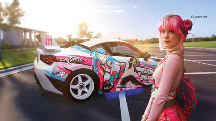 Junge Frau mit pinken Haaren steht neben einem bunt gestalteten Sportwagen mit Anime-Motiven in einer Parklandschaft.