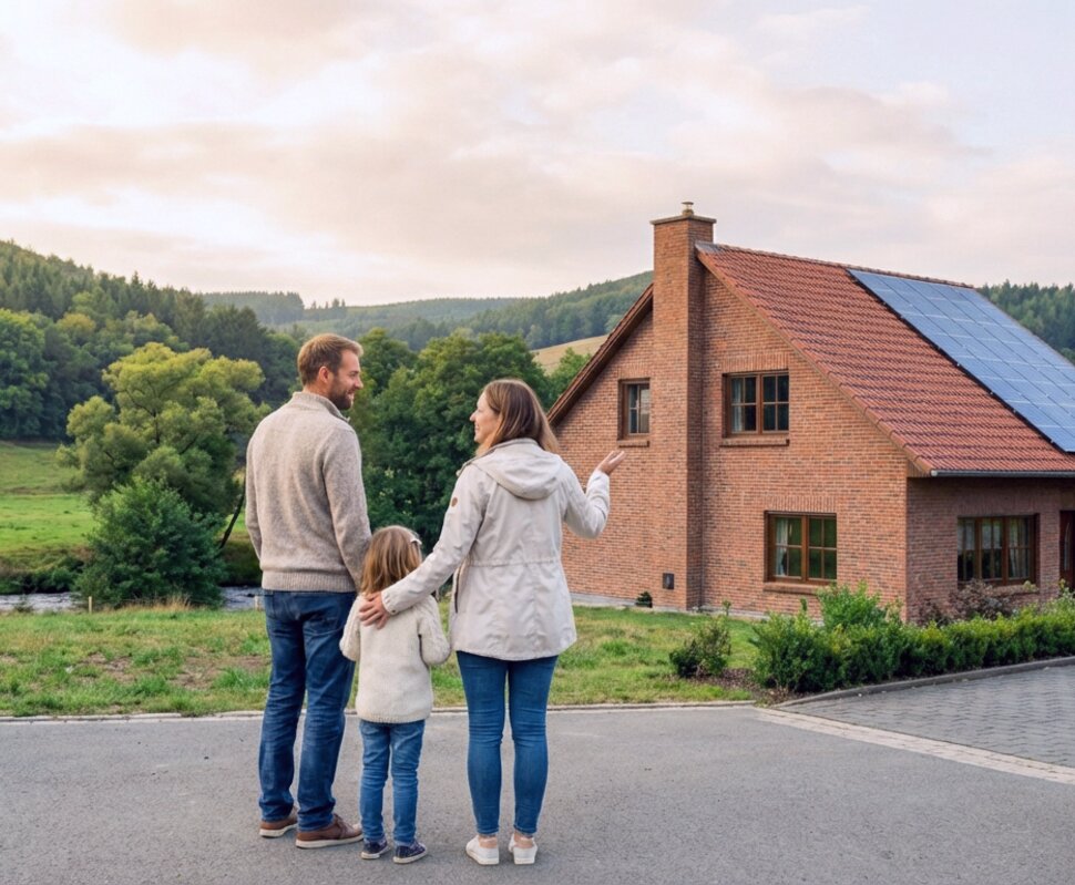 Eine Familien bestehend aus Vater, Mutter und Tochter steht auf der Auffahrt von einem mitten im Grünen stehenden EInfamilienhaus und bewundern das Haus.