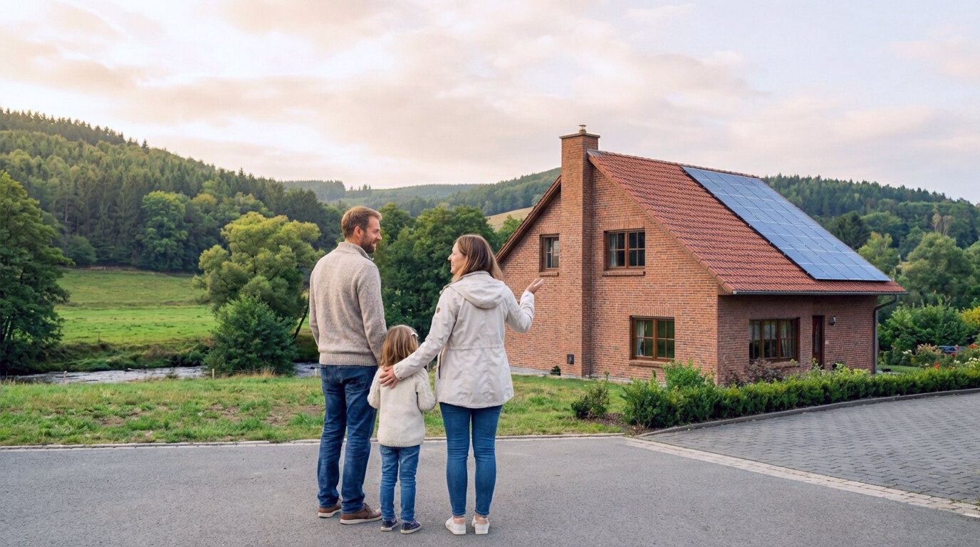 Eine Familien bestehend aus Vater, Mutter und Tochter steht auf der Auffahrt von einem mitten im Grünen stehenden EInfamilienhaus und bewundern das Haus.