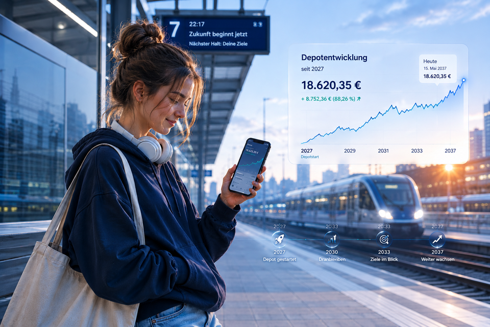 KI-generiertes Bild: EIn Frau steht am Bahnsteig und guckt sich auf dem Handy die Depotentwicklung an, die auf dem Bild auch in größer noch gezeigt wird.