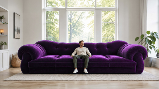 KI-generiertes Bild: Mann sitzt entspannt auf einem großen, samtigen, lila Sofa in einem hellen Raum mit großen Fenstern.