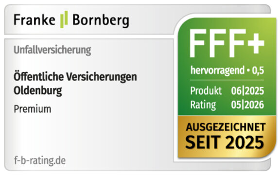 Bewertung für Unfallversicherung der Öffentlichen Versicherungen Oldenburg, ausgezeichnet mit FFF+, sehr gut, seit 2025.