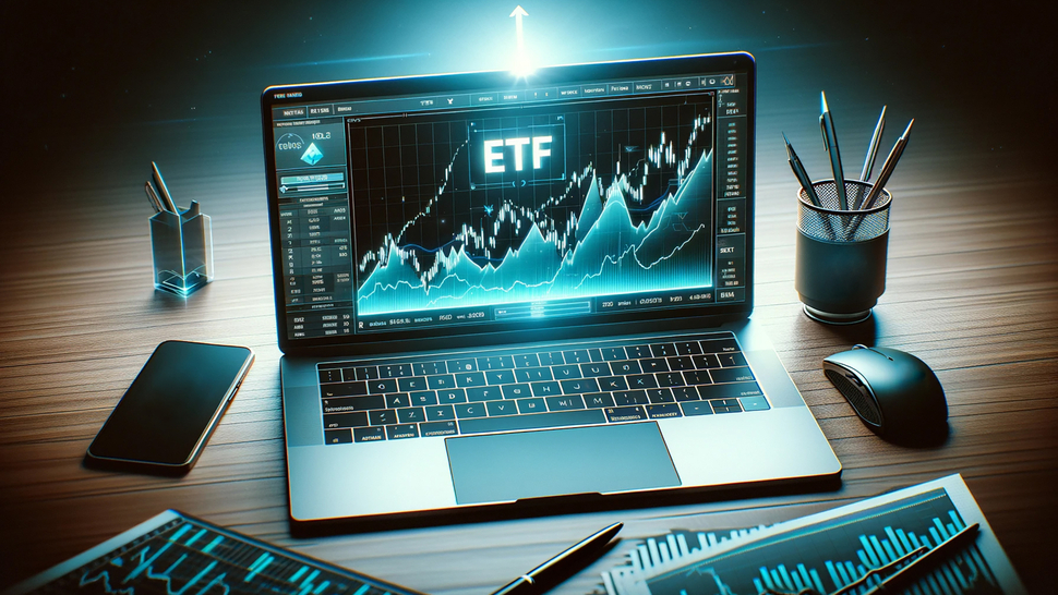 KI-generiertes Bild: Ein Laptop mit ETF-Grafiken steht auf einem Tisch. Drum herum stehen diverse Schreibtischutensilien.
