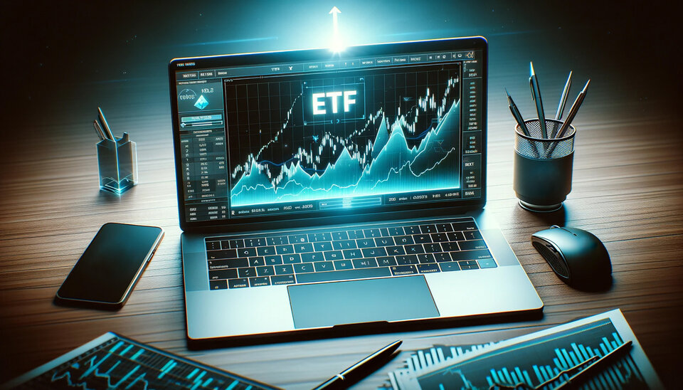 KI-generiertes Bild: Ein Laptop mit ETF-Grafiken steht auf einem Tisch. Drum herum stehen diverse Schreibtischutensilien.